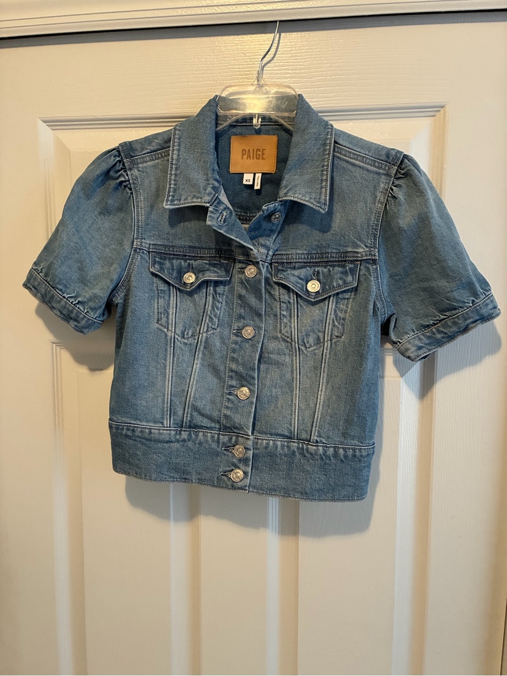 PAIGE Light Blue Kendra Cropped Puff Sleeve Denim Jacket XS